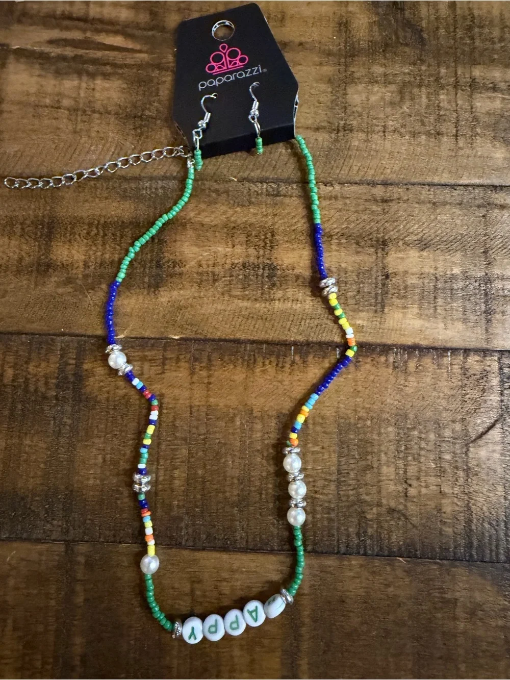 Paparazzi Green, Blue & Yellow Beaded 'HAPPY' Necklace
